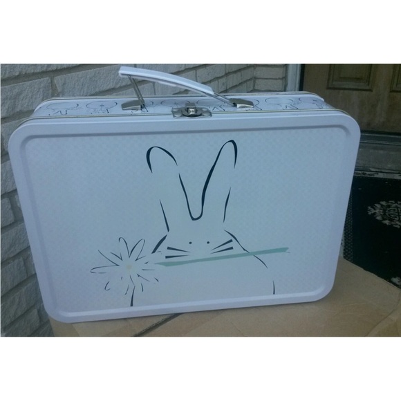 2pc White Bunny Print Metal Lunch Boxes rabbits design 1large 1small must see NW - Picture 7 of 16